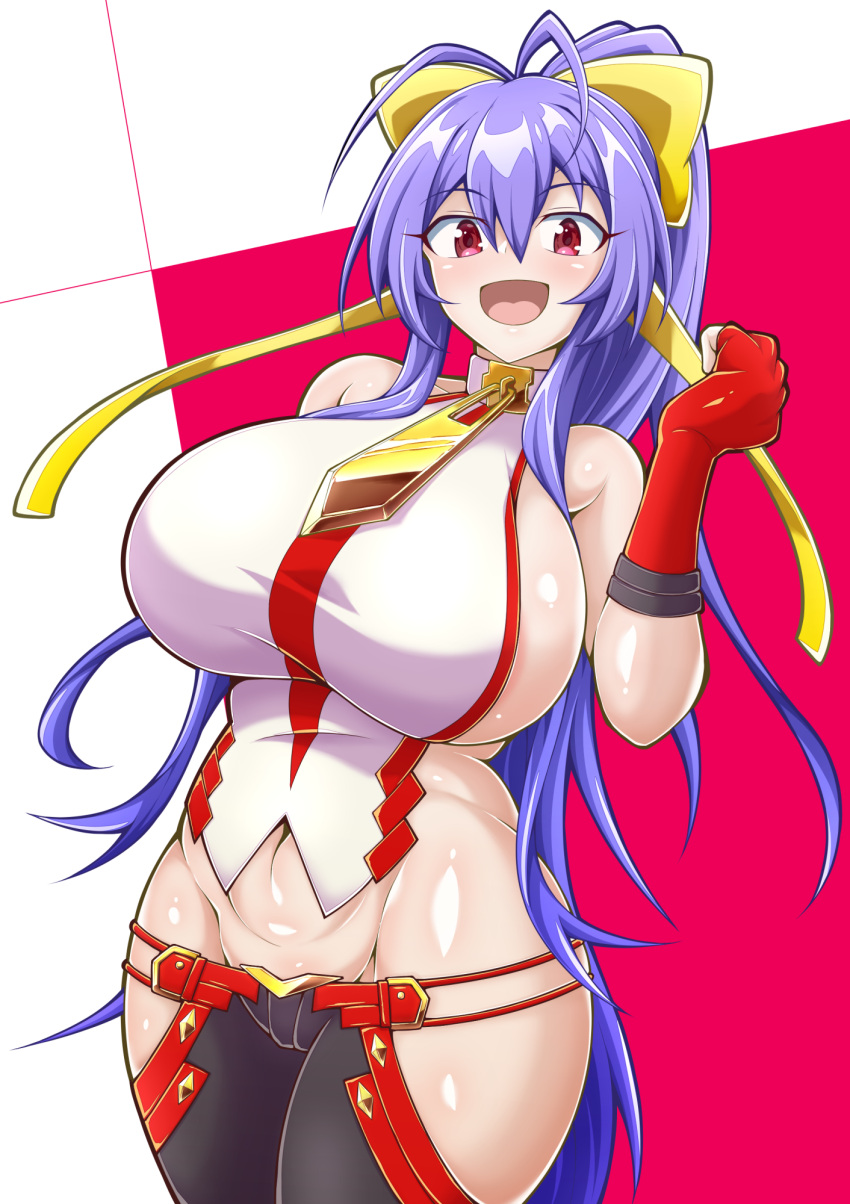 1girl antenna_hair backless_outfit bangs bare_shoulders black_pants blazblue blazblue:_central_fiction blazblue_variable_heart blue_hair breasts fingerless_gloves gloves groin hair_ribbon halter_top halterneck high_ponytail highres hip_vent huge_breasts kozyosita looking_at_viewer lowleg lowleg_pants magenta_eyes mai_natsume open_mouth pants red_gloves ribbon sideboob sidelocks smile solo yellow_ribbon