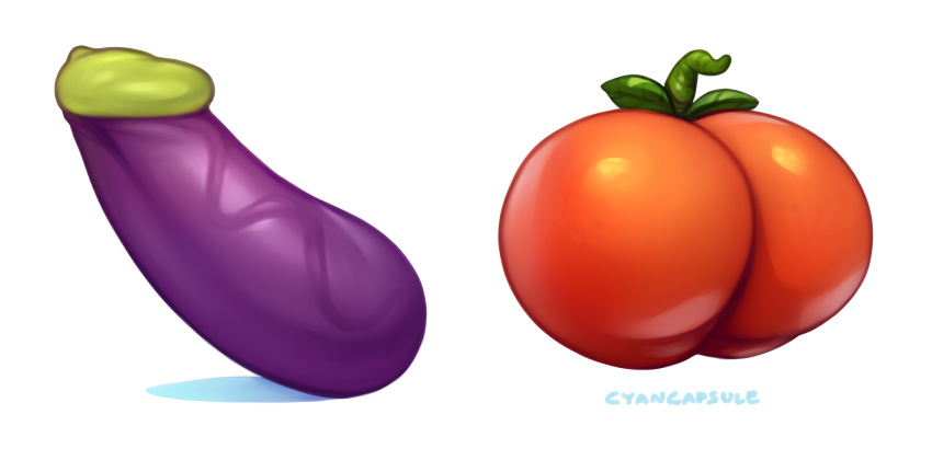 artist_name ass commentary cyancapsule eggplant emoji english_commentary erection highres no_humans original parody penis signature simple_background tomato veins veiny_penis white_background