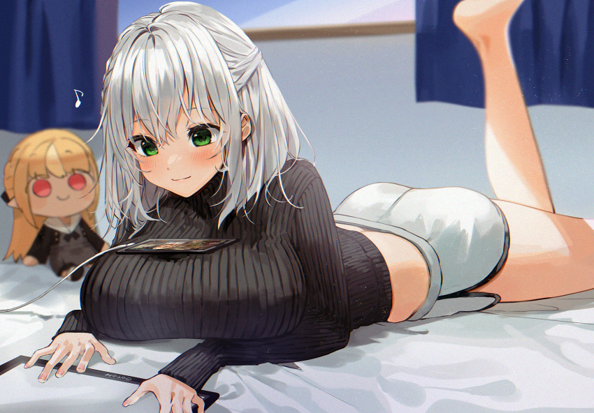 1girl bangs bare_legs barefoot black_sweater blush breasts cellphone character_doll closed_mouth commentary_request convenient_breasts curtains eyebrows_visible_through_hair feet_up gotou_(nekocat) green_eyes hair_between_eyes highres hololive huge_breasts indoors large_breasts long_hair long_sleeves looking_away musical_note object_on_breast on_bed phone ribbed_sweater shiranui_flare shirogane_noel short_shorts shorts silver_hair sleeves_past_wrists smartphone smile solo sweater tablet_pc virtual_youtuber white_shorts window