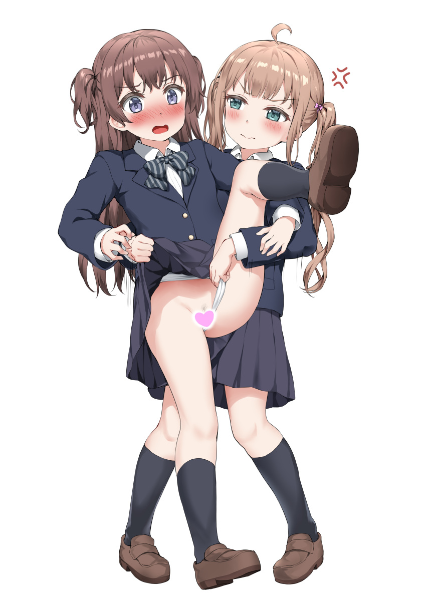 2girls absurdres ahoge anger_vein assisted_exposure bad_id bad_pixiv_id bangs black_legwear blush bow bowtie brown_footwear brown_hair censored clothing_aside embarrassed eyebrows_visible_through_hair heart highres jacket kneehighs lifted_by_another loafers long_hair long_sleeves multiple_girls nedia_(nedia_region) open_mouth original panties pleated_skirt pubic_hair school_uniform shoes simple_background skirt socks standing striped striped_bow striped_bowtie two_side_up underwear white_background