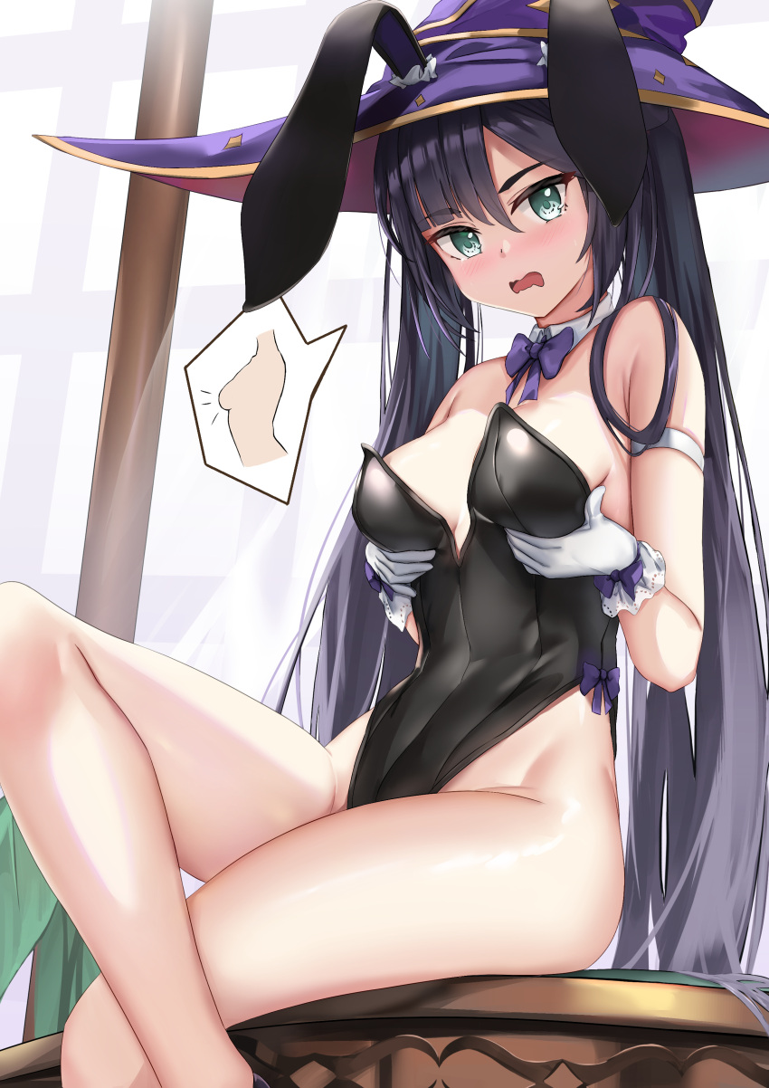 1girl absurdres animal_ears bare_legs black_hair black_leotard breast_hold breasts covered_navel crossed_legs detached_collar fake_animal_ears genshin_impact gloves green_eyes hat hat_ornament highleg highleg_leotard highres leotard long_hair looking_at_viewer medium_breasts mona_(genshin_impact) open_mouth playboy_bunny rabbit_ears sitting skai_kun solo thighs twintails white_gloves witch_hat