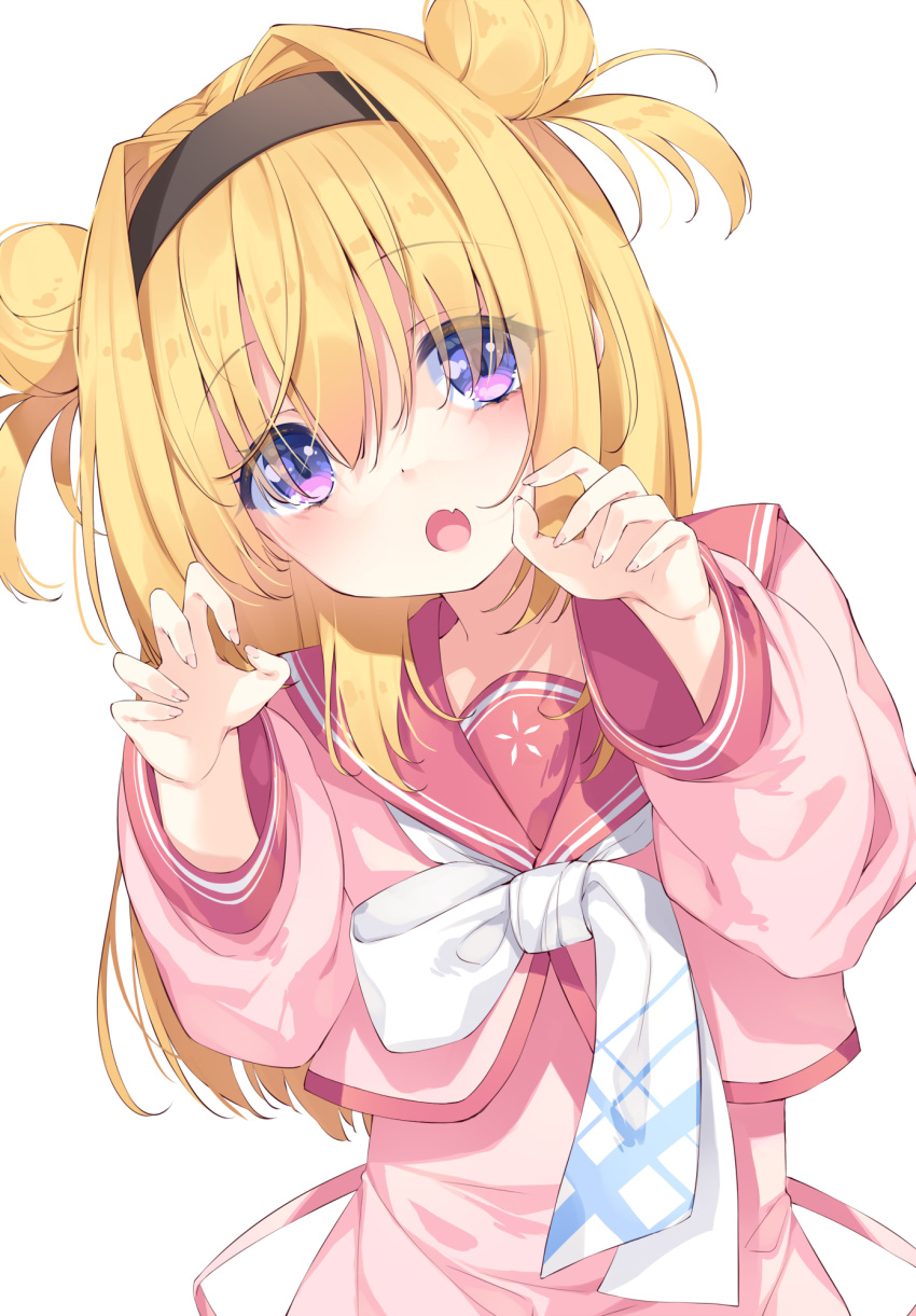 1girl :o bangs blonde_hair blush chitose_sana chiyonekoko claw_pose commentary_request cropped_jacket double_bun eyebrows_visible_through_hair eyes_visible_through_hair fang hair_intakes high-waist_skirt highres jacket long_hair long_sleeves looking_at_viewer open_mouth pink_jacket pink_skirt purple_eyes red_sailor_collar sailor_collar simple_background skin_fang skirt solo tenshinranman two_side_up upper_body white_background