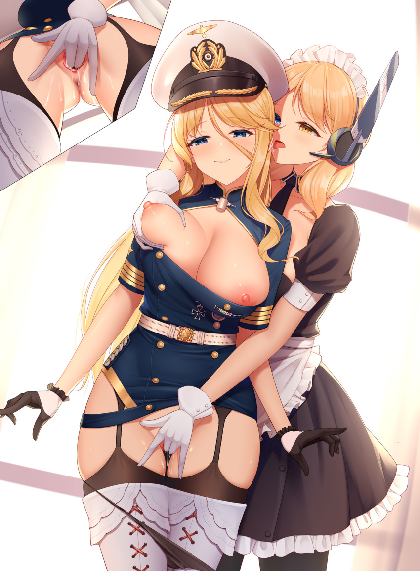 2girls :p anchor_print anus apron areolae ass_visible_through_thighs bangs belt between_breasts black_gloves black_legwear black_necktie black_panties blonde_hair blue_eyes boots breast_grab breasts breasts_outside buttons cameltoe center_opening cleavage closed_mouth clothes_lift cross-laced_footwear curtains double-breasted dress fingering frilled_apron frilled_dress frills from_behind garter_straps gloves gold_trim grabbing hair_between_eyes hair_ornament hand_on_another's_crotch hand_on_another's_face hat headphones heterochromia highres laoan large_breasts legs_apart licking licking_ear maid_apron maid_headdress military miniskirt multiple_girls necktie nipples open_clothes panties parted_bangs pinstripe_pattern pinstripe_shirt puffy_short_sleeves puffy_sleeves pussy pussy_juice renown_(warship_girls_r) saliva scharnhorst_(warship_girls_r) shirt short_sleeves shrug_(clothing) skirt skirt_lift smile spread_pussy striped thigh_boots thighhighs through_clothes tongue tongue_out underwear warship_girls_r white_gloves window yellow_eyes yuri