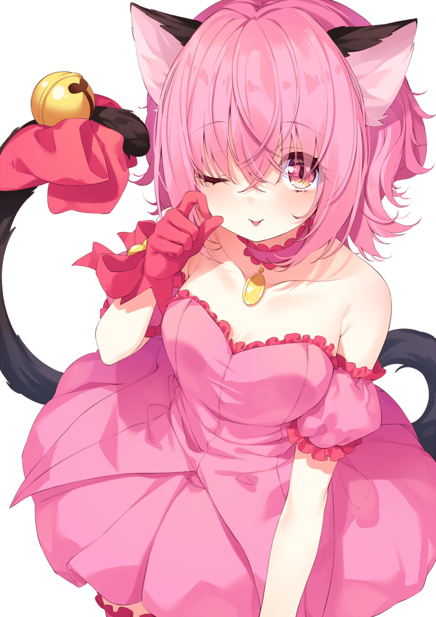 1girl ;p animal_ears bangs bell breasts cat_ears cat_girl cat_tail chiyonekoko choker commentary_request cowboy_shot detached_sleeves dress eyebrows_visible_through_hair frilled_dress frills gloves hair_between_eyes hand_up highres jingle_bell long_hair looking_at_viewer mew_ichigo momomiya_ichigo one_eye_closed pink_choker pink_dress pink_eyes pink_hair red_gloves red_ribbon ribbon short_sleeves simple_background solo strapless strapless_dress tail tail_bell tail_ornament tail_raised tail_ribbon tokyo_mew_mew tongue tongue_out white_background