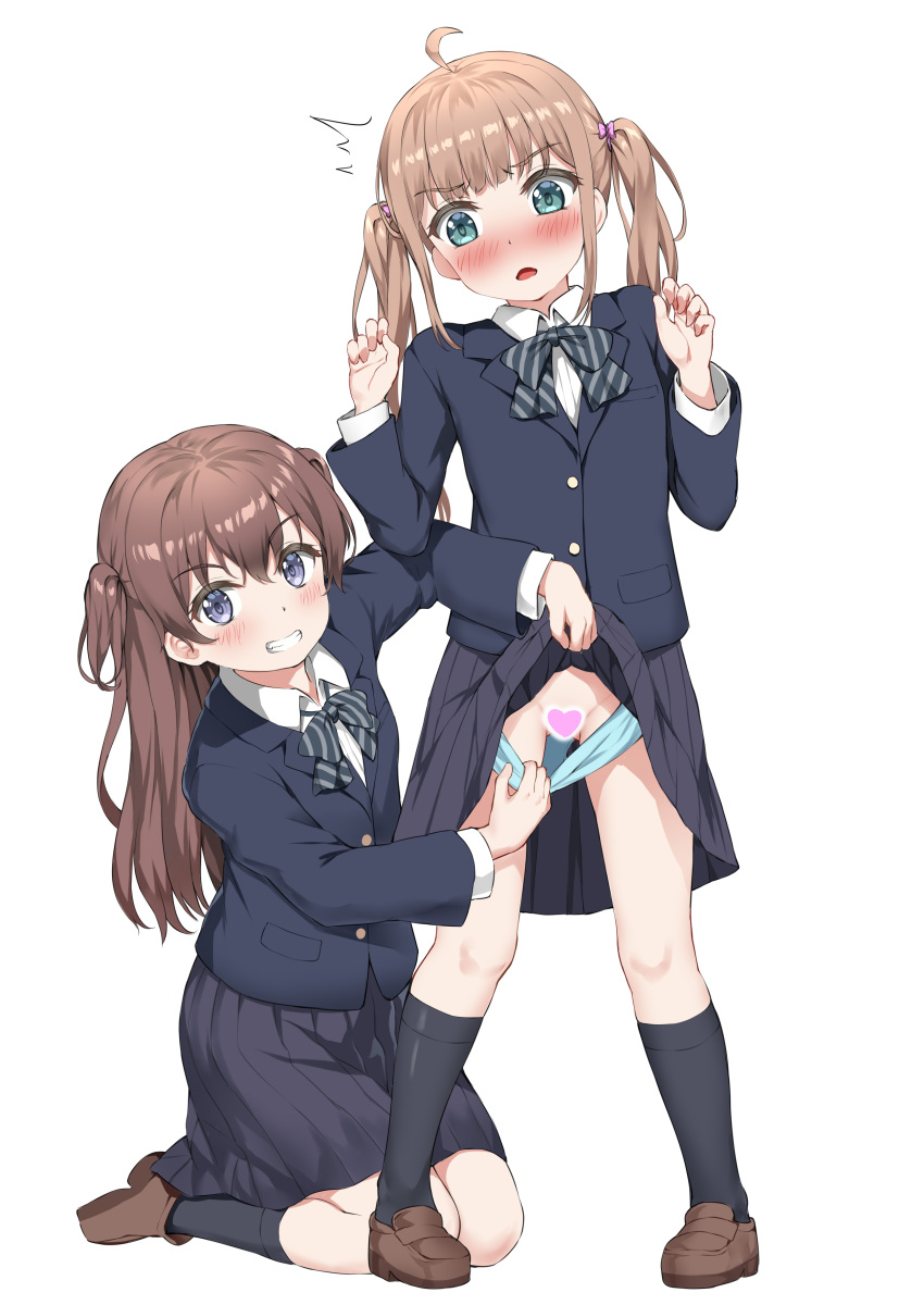2girls absurdres assisted_exposure bad_id bad_pixiv_id bangs black_jacket black_legwear blazer blue_eyes blush bow bowtie brown_footwear brown_hair censored clothes_lift embarrassed eyebrows_visible_through_hair grin heart heart_censor highres jacket kneehighs lifted_by_another loafers long_hair long_sleeves looking_at_viewer multiple_girls nedia_(nedia_region) open_mouth original panties pantsing panty_pull pleated_skirt pulled_by_another school_uniform shoes simple_background skirt skirt_lift smile standing striped striped_bow striped_bowtie surprised twintails underwear white_background