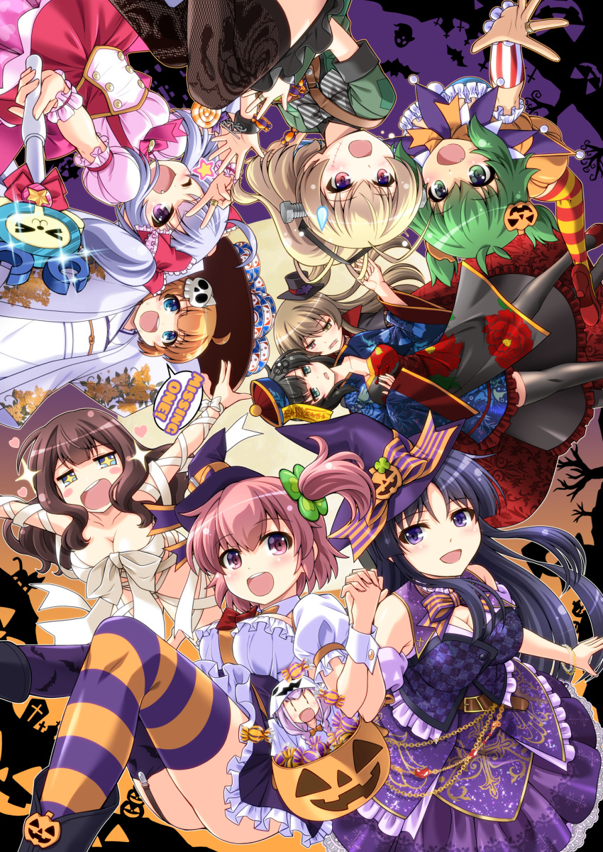 +_+ 6+girls :d ;d ahoge andou_tazusa animal_print ankle_boots arms_up assault_lily asymmetrical_legwear bag bandages bangs bare_shoulders bare_tree bat bat_print behind_another belt belt_buckle between_breasts black_cape black_footwear black_hair black_headwear black_legwear black_ribbon blonde_hair blue_eyes blunt_bangs blush blush_stickers boots bow bowtie braid breasts brown_belt brown_hair brown_legwear buckle buttons candy cape cat chain checkered checkered_shirt chinese_clothes cleavage clover_hair_ornament collarbone commentary_request corset cosplay cross_print cuffs detached_collar detached_sleeves eye_contact eyebrows_visible_through_hair fang fangs floating_hair floral_print food food_on_face four-leaf_clover_hair_ornament frankenstein's_monster frankenstein's_monster_(cosplay) frilled_bow frilled_shirt frilled_sleeves frills full_moon futagawa_fumi garter_straps ghost ghost_costume glint gold_chain gradient gradient_background gradient_eyes green_eyes green_hair green_jacket grey_bow grey_bowtie grey_skirt hair_between_eyes hair_bow hair_ornament hair_ribbon halloween halloween_bucket halloween_costume hand_on_another's_chest hand_up hands_up haori hat hat_belt hat_ribbon heart heart_print heterochromia high-waist_skirt high_collar high_heels high_ponytail highres hitotsuyanagi_riri hitotsuyanagi_yuri holding holding_hands holding_tray holding_wand interlocked_fingers jack-o'-lantern jacket japanese_clothes jester jewelry jiangshi jiangshi_costume kaede_johan_nouvel kimono knee_up knees_up kuo_shenlin lace-trimmed_skirt lace_trim large_breasts layered_skirt leaning_forward leg_up light_purple_hair lollipop long_hair looking_at_another looking_at_viewer low_twin_braids medium_breasts mini_hat mini_top_hat minigirl miniskirt miriam_hildegard_von_gropius mismatched_legwear moon multicolored_clothes multicolored_eyes multicolored_legwear multiple_girls mummy_costume musashiya_chougenbou naked_bandage obi ofuda one_eye_closed one_side_up open_mouth orange_background orange_belt orange_bow orange_bowtie orange_hair orange_legwear orange_skirt outstretched_arm outstretched_arms pink_bow pink_bowtie pink_eyes pink_hair pink_shirt pink_skirt ponytail print_cape print_legwear print_skirt puffy_short_sleeves puffy_sleeves purple_background purple_bow purple_bowtie purple_eyes purple_headwear purple_legwear purple_ribbon purple_shirt purple_skirt qing_guanmao red_bow red_cape red_eyes red_footwear red_legwear red_skirt ribbon rice rice_on_face ring sash shirai_yuyu shirt shoe_soles shoes short_hair short_sleeves shoulder_bag sidelocks silhouette silver_hair skirt skull_hair_ornament sleeveless sleeveless_shirt smile sparkle speech_bubble standing star_(symbol) stitched_face strap_between_breasts striped striped_bow striped_bowtie striped_ribbon striped_sleeves sweatdrop swirl_lollipop teeth thighhighs tilted_headwear tombstone top_hat tray tree twin_braids twintails two-sided_cape two-sided_fabric two-tone_ribbon two_side_up underbust upper_teeth upside-down v vampire_costume very_long_hair wand wang_yujia wavy_hair white_bow white_kimono white_shirt wide_sleeves witch_hat wrist_bow wrist_cuffs yellow_eyes yellow_legwear yoshimura_thi_mai |_|