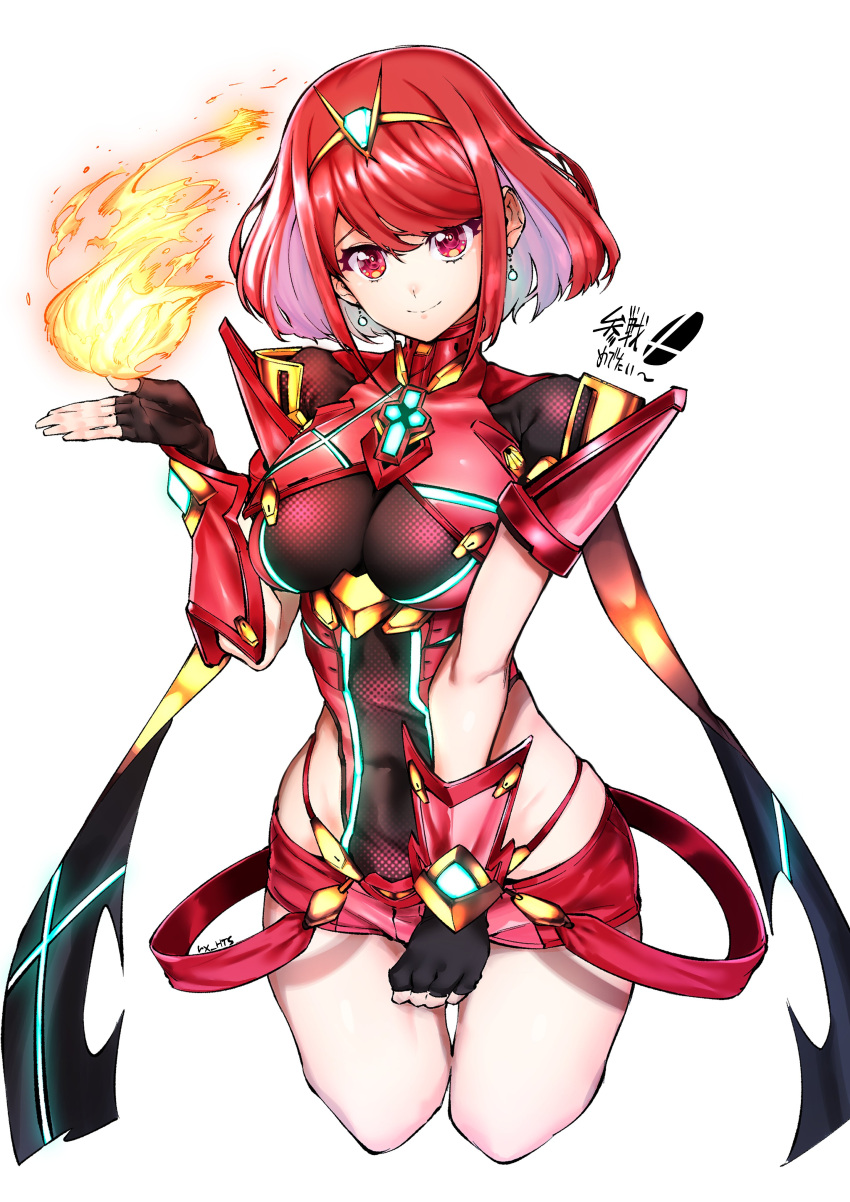 1girl absurdres bangs black_gloves breasts chest_jewel commentary_request cropped_legs earrings fingerless_gloves fire gem gloves headpiece highleg highres jewelry large_breasts pyra_(xenoblade) red_eyes red_hair red_shorts rx_hts short_hair shorts sidelocks simple_background skindentation smile solo super_smash_bros. super_smash_bros._logo tiara twitter_username white_background xenoblade_chronicles_(series) xenoblade_chronicles_2