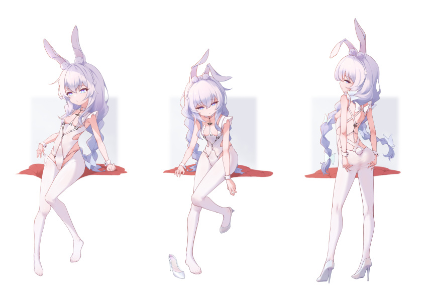 +_+ 1girl absurdres animal_ears ass azur_lane bangs blue_eyes bow braid breasts chan_sang character_sheet chinese_commentary choker closed_mouth commentary_request covered_navel expressionless eyebrows_visible_through_hair fake_animal_ears fake_tail from_behind full_body hair_bow hairband high_heels highres le_malin_(azur_lane) le_malin_(listless_lapin)_(azur_lane) leotard long_hair low_twin_braids o-ring o-ring_choker pantyhose playboy_bunny pose poses rabbit_ears rabbit_tail shoes shoes_removed sidelocks silver_footwear silver_hair simple_background sitting sleeveless small_breasts standing tail toes twin_braids white_background white_bow white_legwear white_leotard wrist_cuffs