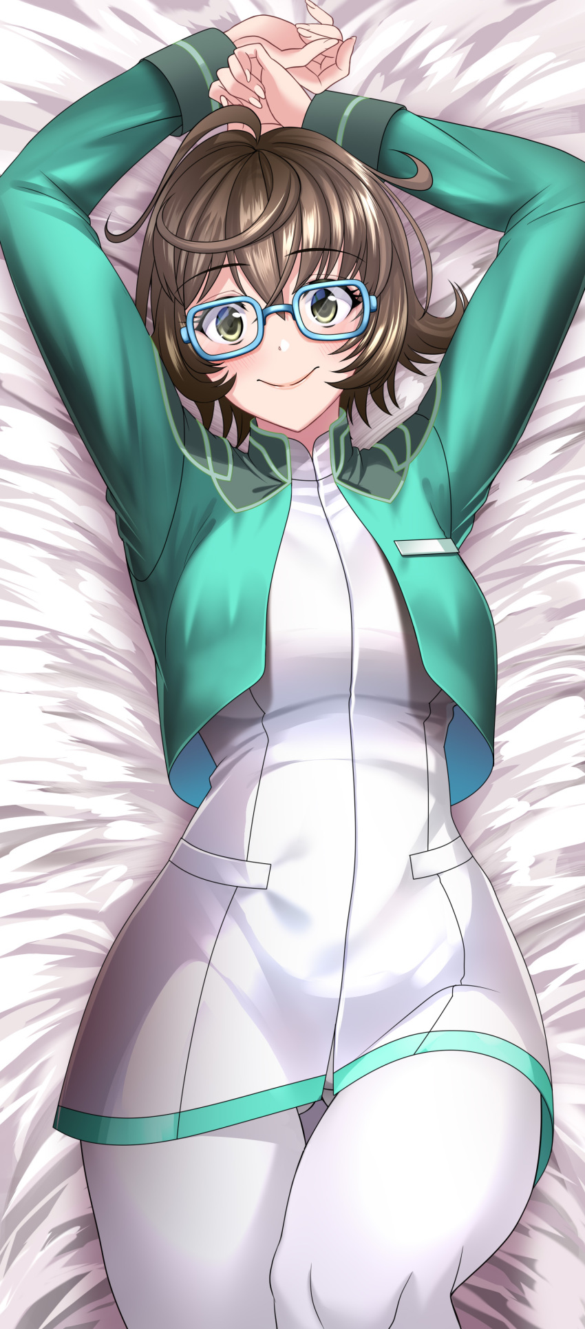 1girl absurdres ahoge arms_up bangs blue-framed_eyewear blush breasts brown_hair cropped_jacket dress fate/grand_order fate_(series) glasses green_eyes green_jacket hair_between_eyes highres jacket kogarasu1st large_breasts long_sleeves looking_at_viewer lying mable_macintosh on_back open_clothes open_jacket pants pantyhose short_dress short_hair smile solo thighs tight tight_pants white_dress white_pants yellow_eyes