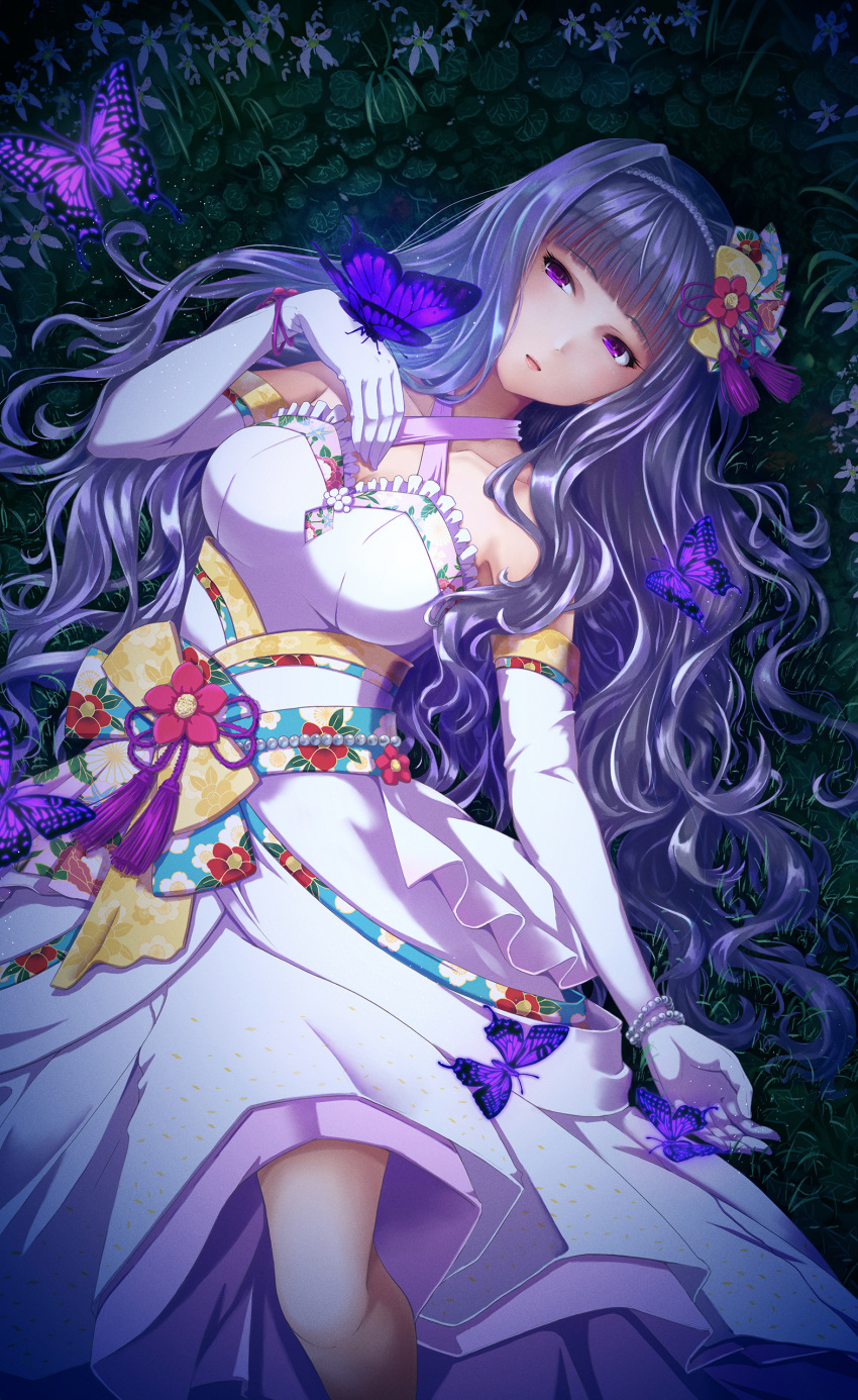 1girl absurdres bangs bare_shoulders bracelet breasts bug butterfly commentary_request dress elbow_gloves eyebrows_visible_through_hair flower gloves hair_ornament hairband highres idolmaster idolmaster_million_live! idolmaster_million_live!_theater_days jewelry long_hair lying medium_breasts on_grass purple_butterfly purple_eyes shijou_takane sidelocks solo usual white_dress white_gloves