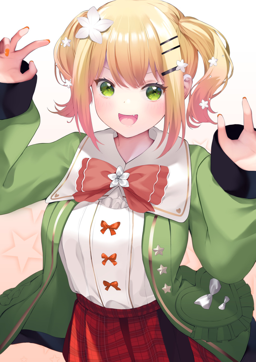 1girl :d absurdres bangs blonde_hair breasts commentary fang flower green_eyes green_jacket hair_flower hair_ornament hairclip hands_up highres hololive jacket looking_at_viewer momosuzu_nene multicolored_hair open_mouth orange_hair orange_nails pink_hair pleated_skirt puffy_sleeves red_skirt ribbon-trimmed_clothes ribbon_trim shirt short_hair side_ponytail sidelocks simple_background skirt smile solo star_(symbol) star_print streaked_hair tongue vellqtrix virtual_youtuber white_shirt