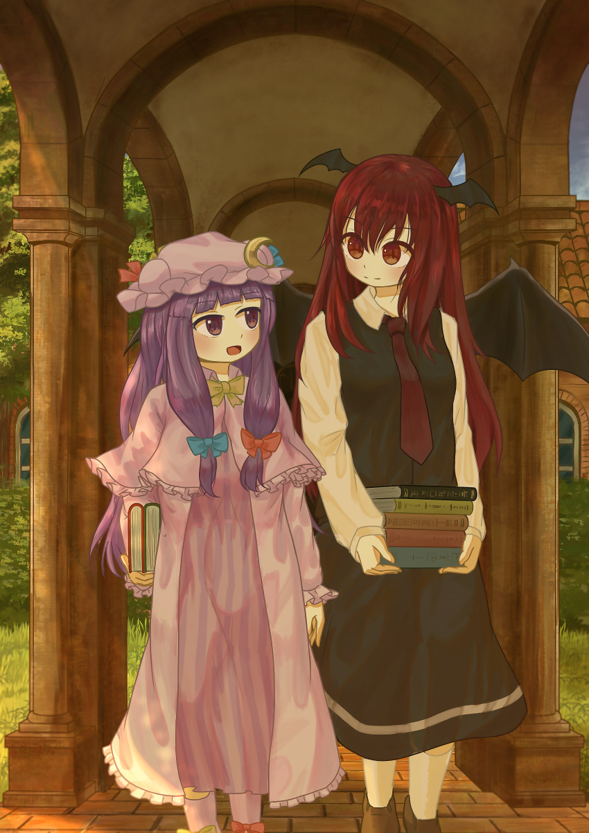 2girls :d absurdres bangs bat_wings black_skirt black_vest blue_bow blunt_bangs blush book book_stack bow bowtie brick_floor brick_wall brown_footwear capelet commentary_request crescent crescent_hat_ornament dress ekaapetto eyebrows_visible_through_hair frilled_capelet frilled_sleeves frills full_body grass hair_between_eyes hair_ribbon hat hat_bow hat_ornament head_wings height_difference highres holding holding_book koakuma long_hair long_sleeves looking_at_another mob_cap multiple_girls necktie outdoors partial_commentary patchouli_knowledge pillar purple_capelet purple_dress purple_eyes purple_hair red_bow red_eyes red_hair red_necktie ribbon scarlet_devil_mansion shirt sidelocks skirt skirt_set sky slit_pupils smile striped striped_dress tile_roof touhou tree tress_ribbon vaulted_ceiling vertical-striped_dress vertical_stripes very_long_hair vest white_legwear white_shirt window wings yellow_bow yellow_bowtie