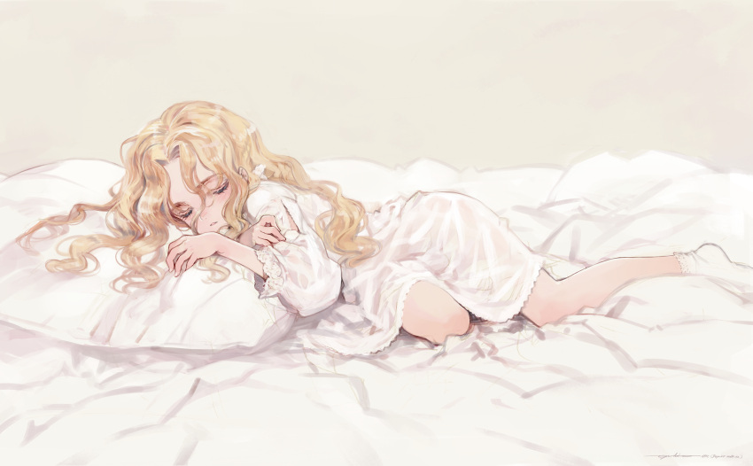 1girl absurdres bed_sheet blonde_hair charlotte_francia closed_eyes dated dress eyelashes highres long_hair lying nightgown on_side oyari_ashito parted_lips pillow quartett! redrawn signature sleeping socks solo wavy_hair white_dress white_legwear white_theme