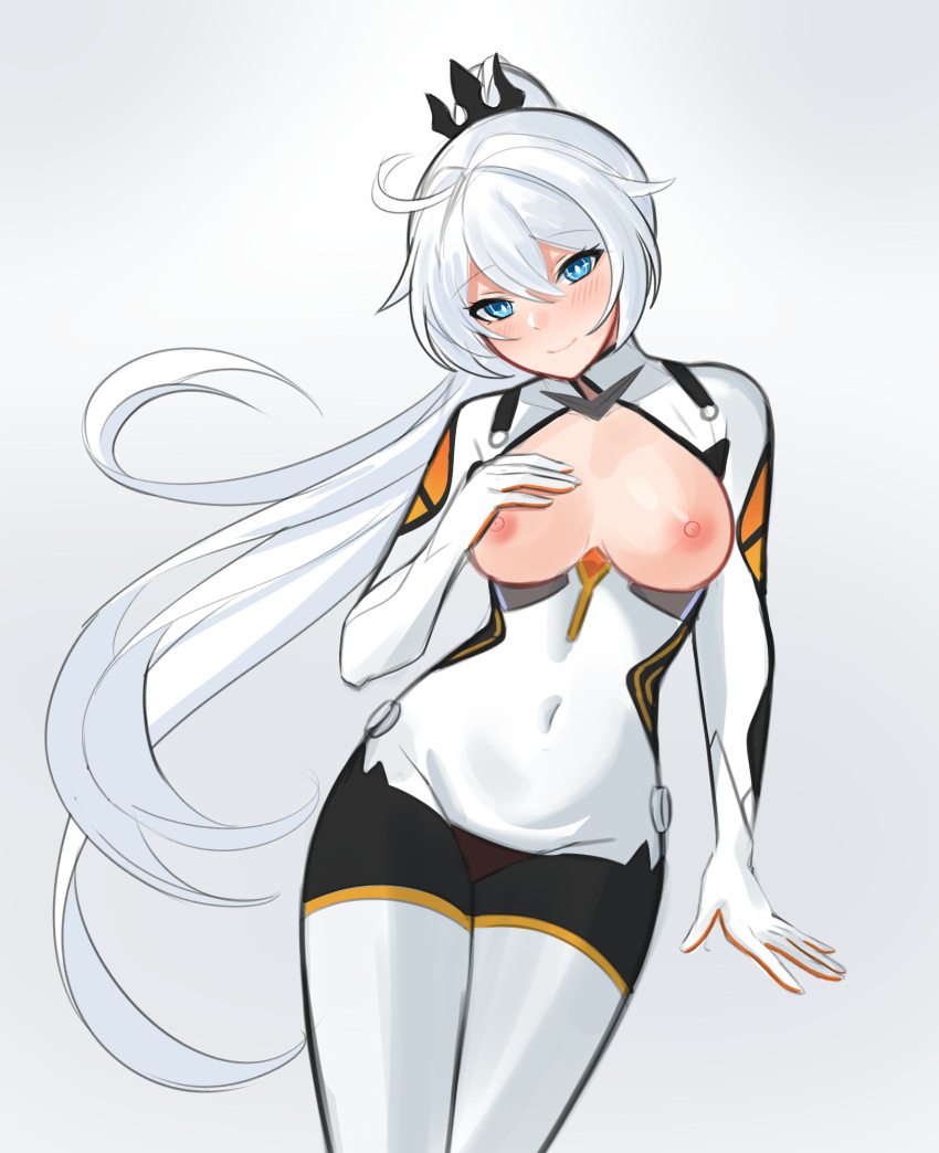 1girl aircell alternate_hairstyle bangs blue_eyes blush bodysuit breasts closed_mouth grey_background hair_ornament highres honkai_(series) honkai_impact_3rd kiana_kaslana kiana_kaslana_(white_comet) long_hair looking_at_viewer nipples ponytail simple_background smile solo white_hair