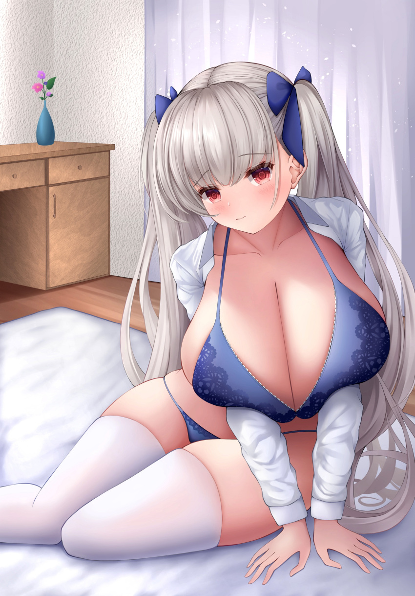 1girl absurdres azur_lane blue_bra blue_panties blue_ribbon bra breasts cleavage commentary_request eyebrows_visible_through_hair formidable_(azur_lane) gintokyhenry hair_ribbon highres huge_breasts indoors long_hair looking_at_viewer on_bed open_clothes open_shirt panties platinum_blonde_hair red_eyes ribbon shirt skindentation solo thighhighs underwear vase very_long_hair white_legwear white_shirt wooden_floor