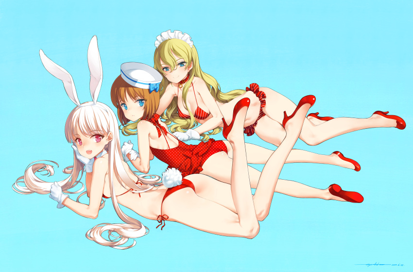 3girls :d absurdres animal_ears aqua_background ass bare_legs bare_shoulders bikini bikini_skirt blonde_hair blue_eyes blush breasts brown_hair casual_one-piece_swimsuit cleavage collar dated detached_collar dixie_cup_hat eiyuu_senki fake_animal_ears flat_chest flats francis_drake_(eiyuu_senki) gloves hair_between_eyes hairband hat head_rest high_heels highres long_hair long_legs looking_at_viewer lying maid_headdress military_hat multiple_girls navel no_socks on_side on_stomach one-piece_swimsuit open_mouth oyari_ashito parted_lips pink_eyes polka_dot polka_dot_swimsuit rabbit_ears red_bikini red_swimsuit shoes short_hair side-tie_bikini sideboob sidelocks signature simple_background sir_kay_(eiyuu_senki) sir_percival_(eiyuu_senki) small_breasts smile string_bikini swimsuit white_gloves white_hair