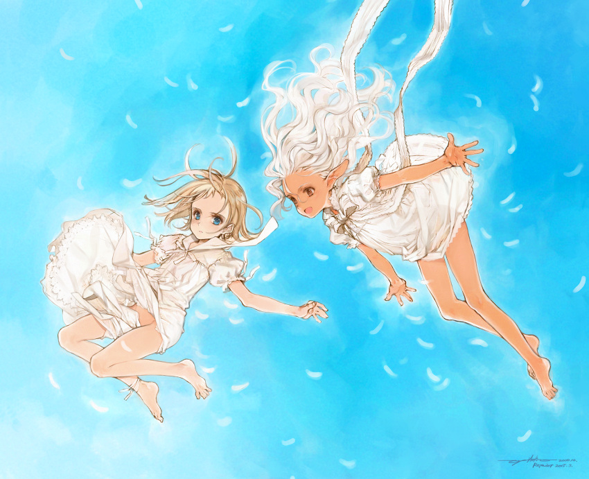 2girls ankle_ribbon bare_legs barefoot blonde_hair blue_hair blue_sky brown_eyes commentary dark-skinned_female dark_elf dark_skin dated day dress elf feathers flat_chest floating_hair flying full_body highres long_hair multiple_girls neck_ribbon no_panties open_mouth original outstretched_arms oyari_ashito parted_lips pointy_ears redrawn ribbon see-through_dress short_hair short_sleeves signature sky smile white_dress white_hair white_ribbon