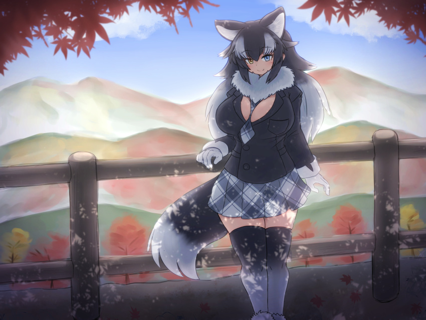 1girl animal_ears autumn autumn_leaves between_breasts black_hair blue_eyes breast_pocket breasts cleavage extra_ears eyebrows_visible_through_hair fur_collar gloves grey_wolf_(kemono_friends) heterochromia highres kemono_friends large_breasts leaf looking_at_viewer mo23 mountain mountainous_horizon multicolored_hair nature necktie necktie_between_breasts outdoors plaid_necktie pocket solo standing tail two-tone_hair white_gloves white_hair wolf_ears wolf_girl wolf_tail yellow_eyes