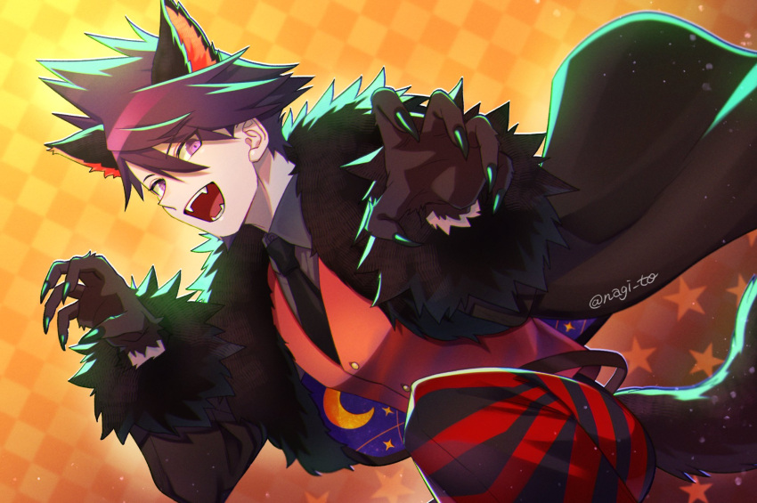 1boy alternate_costume animal_ears bangs belt black_necktie checkered checkered_background claws collared_shirt danganronpa_(series) danganronpa_v3:_killing_harmony fangs fur-trimmed_jacket fur_trim grey_shirt halloween_costume hands_up highres jacket male_focus momota_kaito nagi_to_(kennkenn) necktie open_mouth orange_background pants pointy_nose red_vest shirt smile space_print star_(symbol) starry_sky_print striped striped_pants tail vest wolf_ears wolf_paws wolf_tail