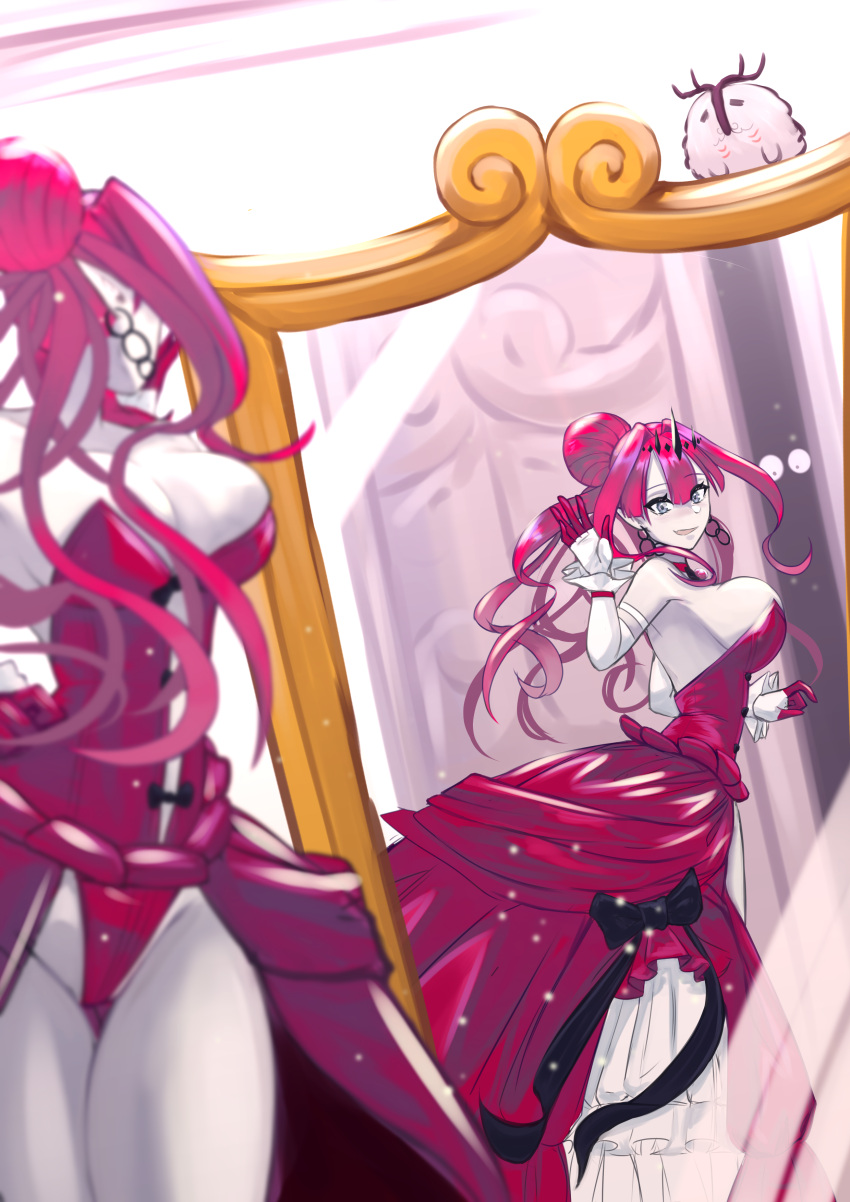 1girl absurdres black_bow blush bow breasts cernunnos_(fate) cleavage colored_skin cosplay detached_sleeves dress earrings elizabeth_bathory_(cinderella_rider)_(fate) elizabeth_bathory_(cinderella_rider)_(fate)_(cosplay) elizabeth_bathory_(fate) fairy_knight_tristan_(fate) fang fate/grand_order fate_(series) flying_toaster gloves grey_eyes grey_skin half_gloves highres huge_breasts jewelry long_dress looking_at_mirror looking_at_viewer mirror pale_skin pointy_ears red_dress red_gloves red_hair reflection revealing_clothes showgirl_skirt smile solo white_sleeves