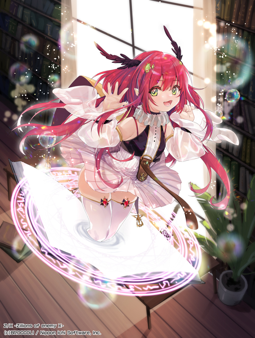 1girl bare_shoulders book commentary_request copyright_name detached_sleeves eyebrows_visible_through_hair fang green_eyes hair_between_eyes highres indoors long_hair looking_at_viewer magic_circle obiwan official_art open_mouth pointy_ears red_hair skirt solo teeth thighhighs tongue waving z/x
