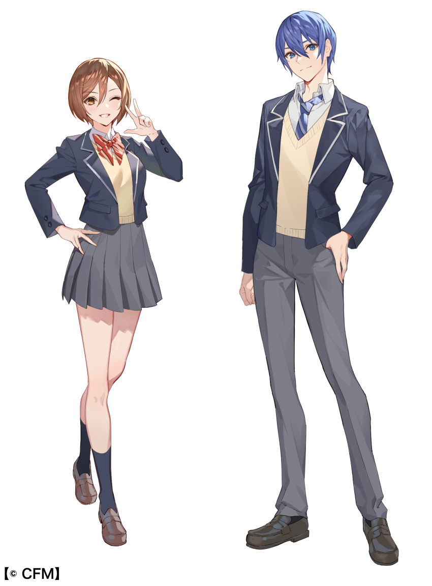 1boy 1girl alternate_costume black_footwear black_jacket black_legwear blazer blue_eyes blue_hair blue_necktie blue_neckwear breasts brown_eyes brown_footwear brown_hair brown_sweater_vest clenched_teeth closed_mouth collared_shirt commentary_request crypton_future_media dot_nose full_body grey_pants grey_skirt grin hair_between_eyes hand_on_hip hand_up height_difference highres jacket kaito_(vocaloid) kneehighs light_blush loafers looking_at_viewer medium_breasts meiko neck_ribbon necktie official_art one_eye_closed open_clothes open_jacket pants pleated_skirt red_ribbon ribbon school_uniform shirt shoes short_hair side-by-side sidelighting simple_background skirt smile striped striped_necktie striped_ribbon sweater_vest teeth teffish tsurime v vocaloid white_background