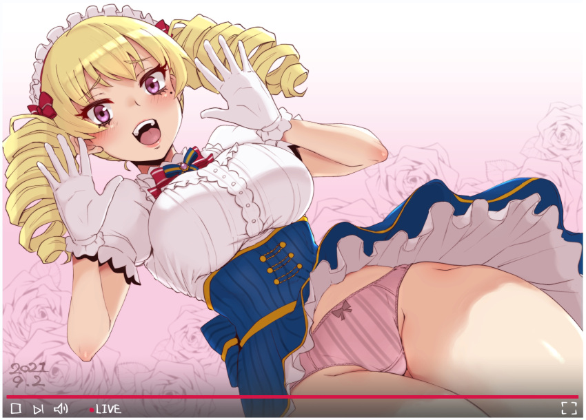 1girl blonde_hair bow breasts drill_hair eyebrows_visible_through_hair gloves hair_bow highres indie_virtual_youtuber kikaze_kimiko large_breasts lips looking_at_viewer medium_hair mole mole_under_eye open_mouth panties pantyshot pink_panties purple_eyes red_bow short_sleeves solo sumiosmith teeth tongue twin_drills underwear upper_teeth virtual_youtuber white_gloves