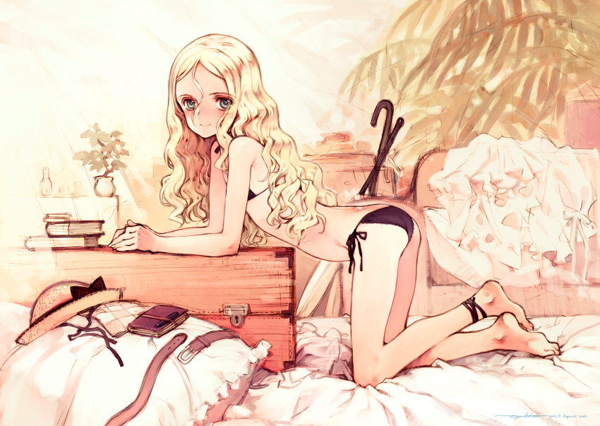 1girl absurdres ankle_ribbon ass barefoot bed_sheet bent_over bikini black_bikini blonde_hair blue_eyes blush book charlotte_francia dated dress dress_removed flat_chest hair_between_eyes hat hat_removed headwear_removed highres legs long_hair long_legs looking_at_viewer oyari_ashito pillow quartett! redrawn ribbon side-tie_bikini signature smile solo string_bikini swimsuit thighs wavy_hair white_dress