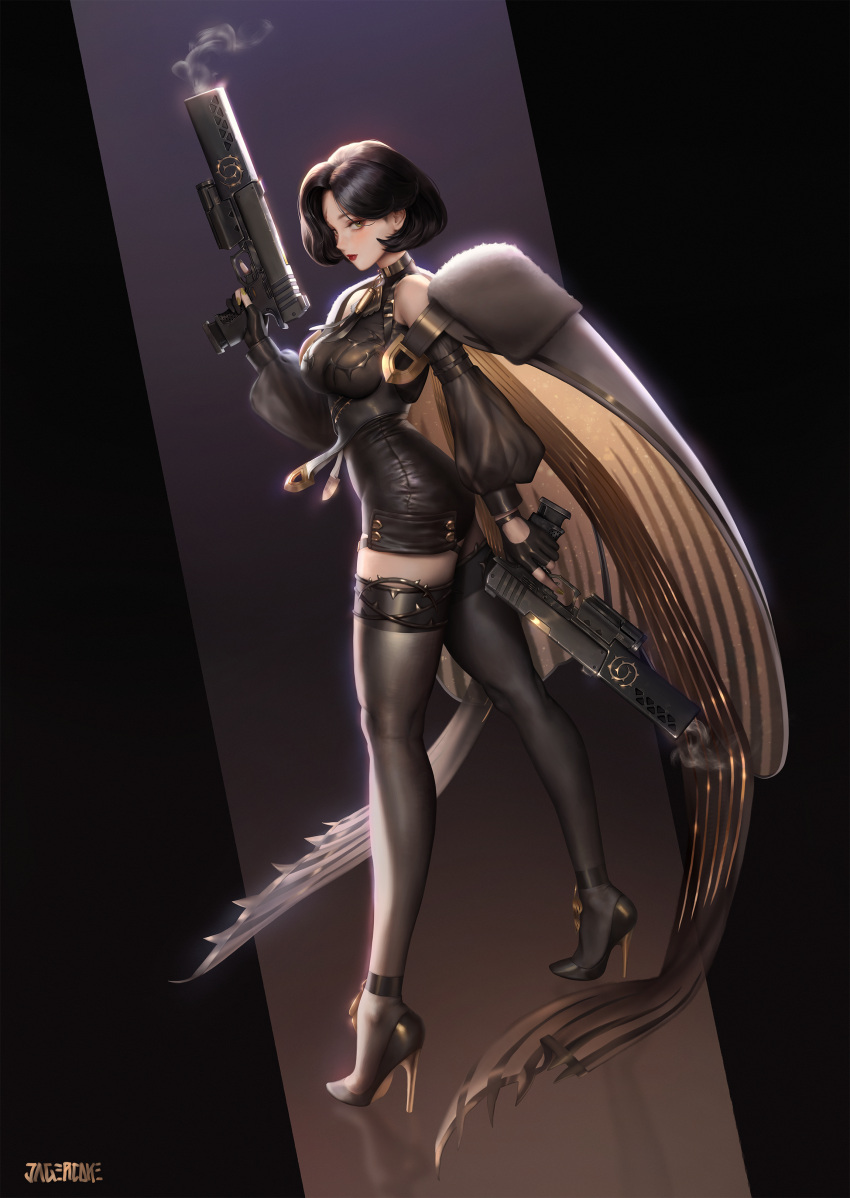 1girl absurdres ass black_gloves black_hair black_legwear black_leotard black_sleeves black_survival breasts cape commentary detached_sleeves dual_wielding fingerless_gloves framed_breasts from_side full_body gloves green_eyes gun handgun high_heels highres holding holding_gun holding_weapon jagercoke large_breasts leotard lips looking_at_viewer medium_hair pistol rozzi_(black_survival) short_hair smoke smoking_gun thighhighs thighs trigger_discipline weapon