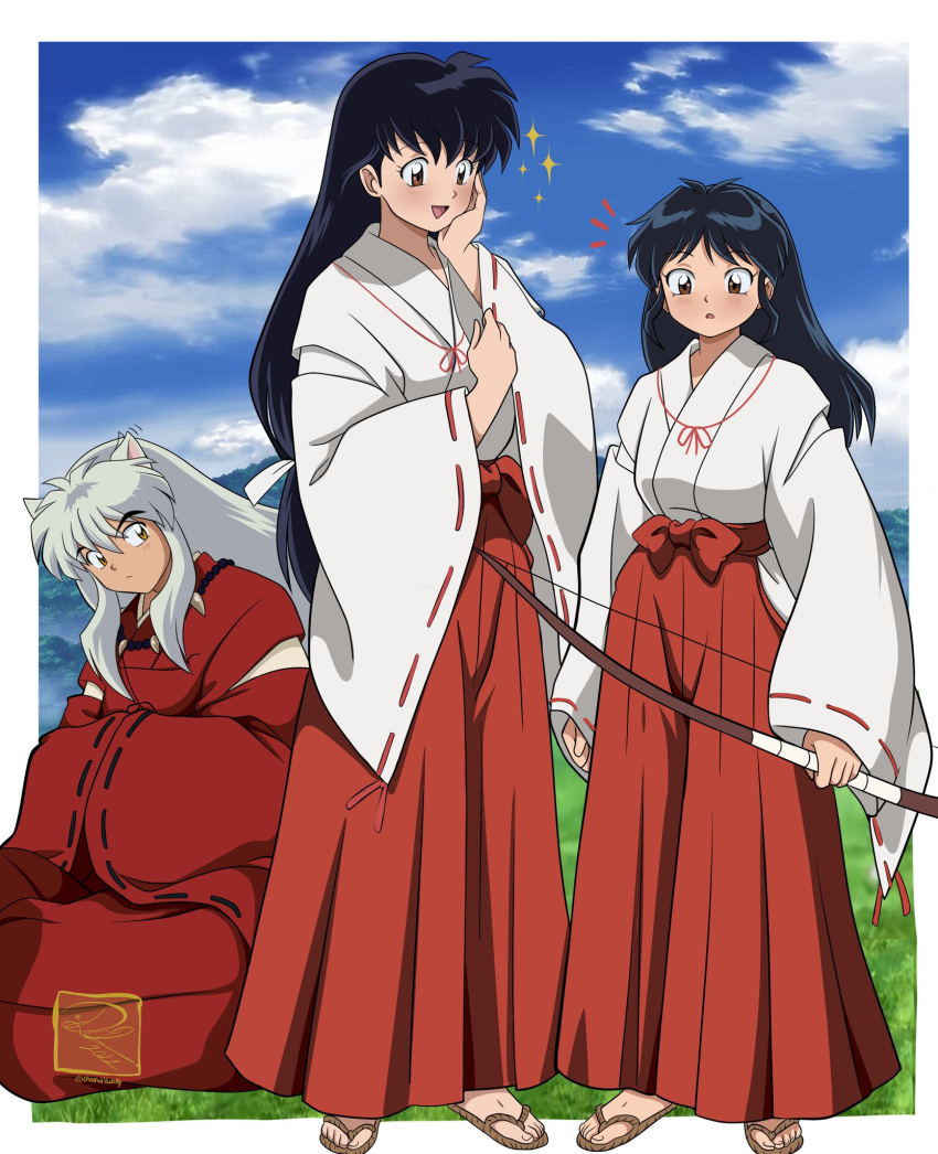 1boy 2girls animal_ears bangs black_hair bow_(weapon) brown_eyes chandllucky dog_ears eyebrows_visible_through_hair family father_and_daughter han'you_no_yashahime hand_on_own_face highres higurashi_kagome holding holding_bow_(weapon) holding_weapon husband_and_wife inuyasha inuyasha_(character) japanese_clothes kimono long_hair long_sleeves matching_outfit miko moroha mother_and_daughter multiple_girls no_socks sandals sidelocks silver_hair very_long_hair waraji weapon wide_sleeves yellow_eyes