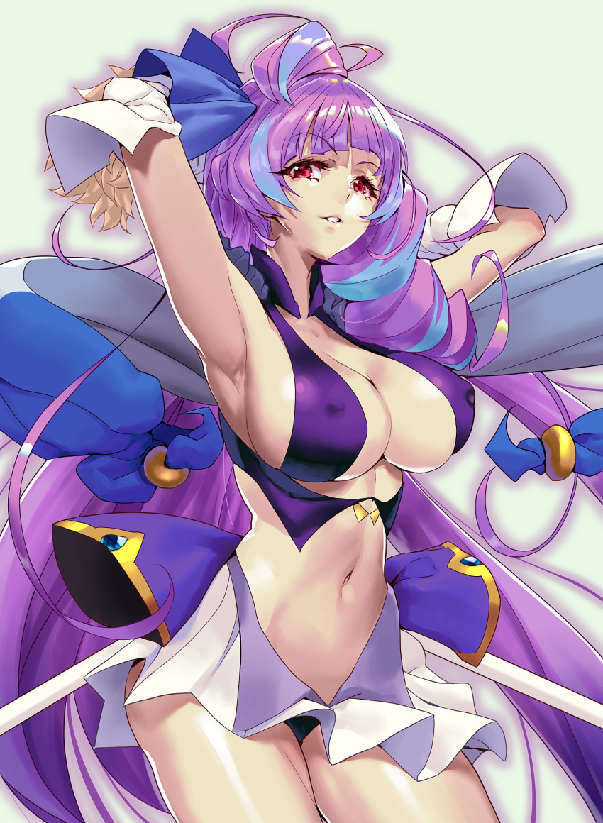 1girl armpits arms_behind_head bangs black_panties blue_hair breasts covered_nipples detached_sleeves don_(rg06268) eyebrows_visible_through_hair hair_bun highres large_breasts long_hair looking_at_viewer macross macross_delta macross_delta:_zettai_live!!!!!! midriff mikumo_guynemer multicolored_hair navel panties parted_lips purple_hair red_eyes revealing_clothes skirt solo streaked_hair underwear very_long_hair white_skirt