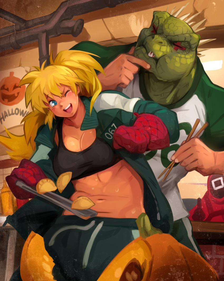 1girl 2boys absurdres blonde_hair breasts cleavage collarbone commentary cosplay crossover dorohedoro dumpling eating english_commentary food gym_uniform halloween halloween_costume highres hood hoodie jacket jiaozi kaiman_(dorohedoro) khyle. lizardman long_hair long_sleeves mask medium_breasts multiple_boys navel nikaidou_(dorohedoro) one_eye_closed open_clothes open_jacket oven_mitts pants pink_hoodie ponytail smile sports_bra sportswear squid_game tongs track_jacket track_pants track_suit worker_(squid_game)