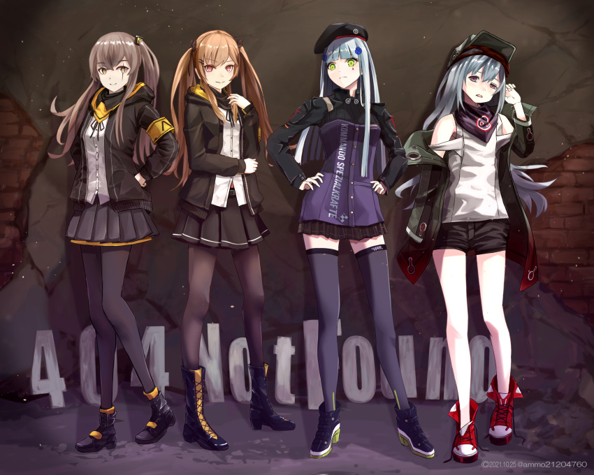 404_(girls'_frontline) 4girls ammo21204760 bangs beret black_jacket black_legwear black_skirt blunt_bangs brown_eyes brown_hair cross_hair_ornament facial_mark g11_(girls'_frontline) girls'_frontline green_eyes green_jacket grey_hair hair_ornament hat highres hk416_(girls'_frontline) hood hooded_jacket jacket long_hair long_sleeves military_jacket miniskirt multiple_girls one_side_up pantyhose plaid plaid_skirt pleated_skirt purple_eyes scar scar_across_eye shirt silver_hair skirt sleeveless sleeveless_shirt teardrop_tattoo thighhighs twintails ump45_(girls'_frontline) ump9_(girls'_frontline) white_shirt