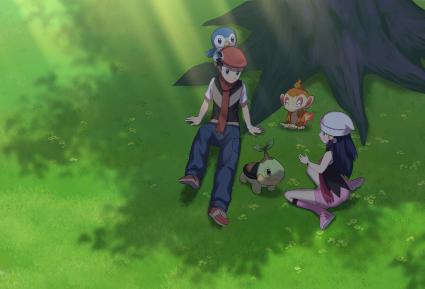 1boy 1girl arm_support beanie black_legwear boots chimchar commentary_request dawn_(pokemon) day emoemon grass hair_ornament hairclip hat highres kneehighs light_rays long_hair lucas_(pokemon) on_head outdoors pants pink_footwear pink_skirt piplup pokemon pokemon_(creature) pokemon_(game) pokemon_dppt pokemon_on_head red_headwear red_scarf scarf shirt shoes short_sleeves sitting skirt sleeveless sleeveless_shirt starter_pokemon_trio tree turtwig white_headwear