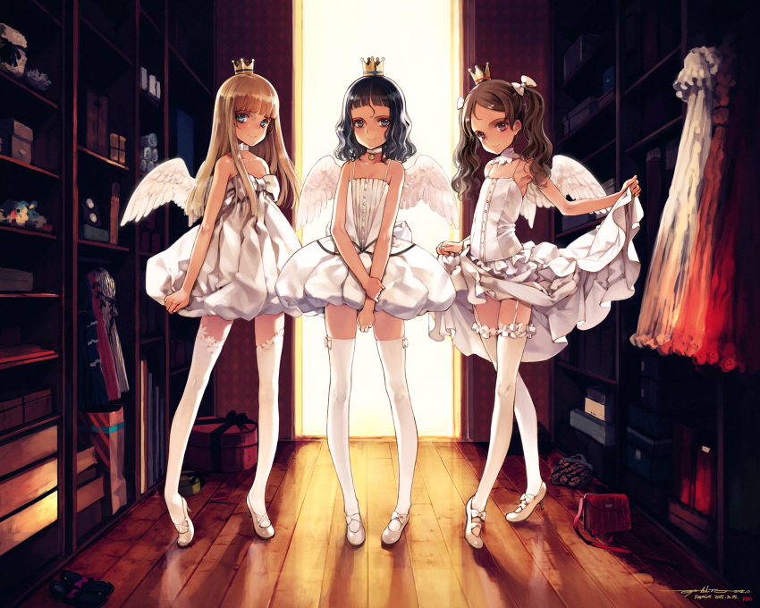 3girls angel_wings arm_grab armpits bag bangs bare_shoulders black_hair blonde_hair blue_eyes blunt_bangs blush bookshelf bow box brown_hair choker clothes_lift crown dated doorway dress dress_lift ema_(shirotsume_souwa) flat_chest frilled_dress frilled_legwear frills garter_straps hair_bow handbag high_heels highres indoors jewelry lace lace-trimmed_legwear lace_trim legs lineup lolita_fashion long_hair long_legs mini_crown multiple_girls outstretched_arm oyari_ashito panties pantyshot parted_bangs pendant pink_panties pleated_dress purple_eyes redrawn reflection sayu_(shirotsume_souwa) shirotsume_souwa shoes short_dress sidelocks signature smile standing thighhighs thighs tiptoes touka_(shirotsume_souwa) twintails underwear watermark wavy_hair white_legwear wings wooden_floor zettai_ryouiki