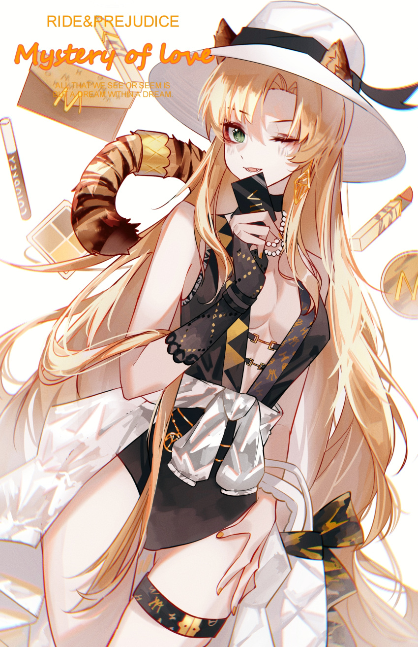 1girl absurdres animal_ears arknights black_bow black_choker black_gloves bow breasts card center_opening choker cleavage cosmetics cowboy_shot dutch_angle ears_through_headwear fang gloves green_eyes hand_on_hip hand_up highres holding holding_card jewelry light_blush lipstick_tube long_hair looking_at_viewer malatangniaotou medium_breasts necklace official_alternate_costume one_eye_closed open_mouth orange_eyes orange_hair orange_nails partially_fingerless_gloves pearl_necklace sarong simple_background single_glove solo swire_(arknights) tail tail_ornament tail_ring thigh_gap thigh_strap tiger_ears tiger_girl tiger_tail very_long_hair white_background white_sarong