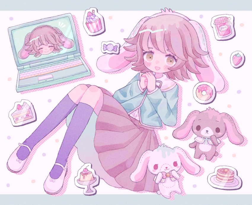 1boy :d akimaru138 alter_ego_(danganronpa) animal_ears bangs black_legwear blush brown_eyes brown_hair brown_skirt bunny candy_wrapper computer cupcake danganronpa:_trigger_happy_havoc danganronpa_(series) doughnut fake_animal_ears flipped_hair food food_print fruit fujisaki_chihiro green_jacket highres jacket jam kneehighs knees_up laptop looking_at_viewer male_focus neck_ribbon own_hands_together pancake plate pleated_skirt rabbit_ears ribbon ribbon_trim skirt smile strawberry strawberry_shortcake