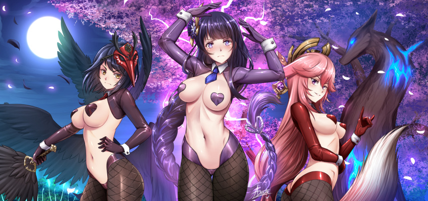 3girls absurdres adsouto animal_ears arms_up artist_name bird_mask bird_wings black_hair black_wings blush braid braided_ponytail breasts cherry_blossoms cherry_tree commentary cowboy_shot detached_collar electricity english_commentary eyebrows_visible_through_hair feathered_wings fishnet_legwear fishnets flower fox_ears fox_shadow_puppet fox_tail frown full_moon genshin_impact glowing_feather glowing_flower grin hair_flower hair_ornament hair_tie hand_on_hip headpiece heart_pasties highres kujou_sara long_hair looking_at_viewer mask mask_on_head medium_breasts medium_hair meme_attire mole mole_under_eye moon multiple_girls navel night outdoors parted_lips pasties pink_hair pose purple_eyes purple_flower purple_hair raiden_shogun revealing_clothes reverse_bunnysuit reverse_outfit shiny shiny_clothes shrug_(clothing) signature smile tail tree very_long_hair wings wrist_cuffs yae_(genshin_impact) yellow_eyes