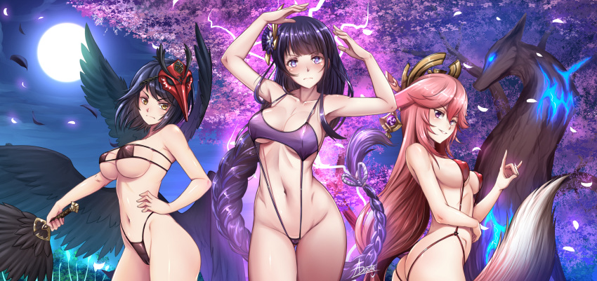 3girls absurdres adsouto animal_ears arms_up artist_name bikini bird_mask bird_wings black_hair black_wings blush braid braided_ponytail breasts brown_bikini cherry_blossoms cherry_tree commentary covered_nipples cowboy_shot electricity english_commentary eyebrows_visible_through_hair feathered_wings flower fox_ears fox_shadow_puppet fox_tail frown full_moon genshin_impact glowing_feather glowing_flower grin hair_flower hair_ornament hair_tie hand_on_hip headpiece highres kujou_sara long_hair looking_at_viewer mask mask_on_head medium_breasts medium_hair micro_bikini mole mole_under_eye moon multiple_girls navel night outdoors parted_lips pink_hair pose purple_bikini purple_eyes purple_flower purple_hair raiden_shogun red_bikini signature slingshot_swimsuit smile string_bikini swimsuit tail thong_bikini tree very_long_hair white_bikini wings yae_(genshin_impact) yellow_eyes