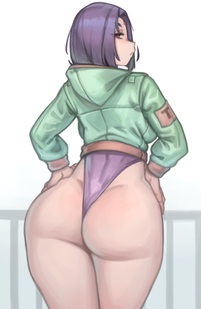 1girl absurdres ass commentary dc_comics forehead_jewel from_behind green_jacket highres jacket kelvin_hiu long_sleeves looking_at_viewer looking_back pale_skin purple_hair raven_(dc) short_hair solo standing teen_titans thighs