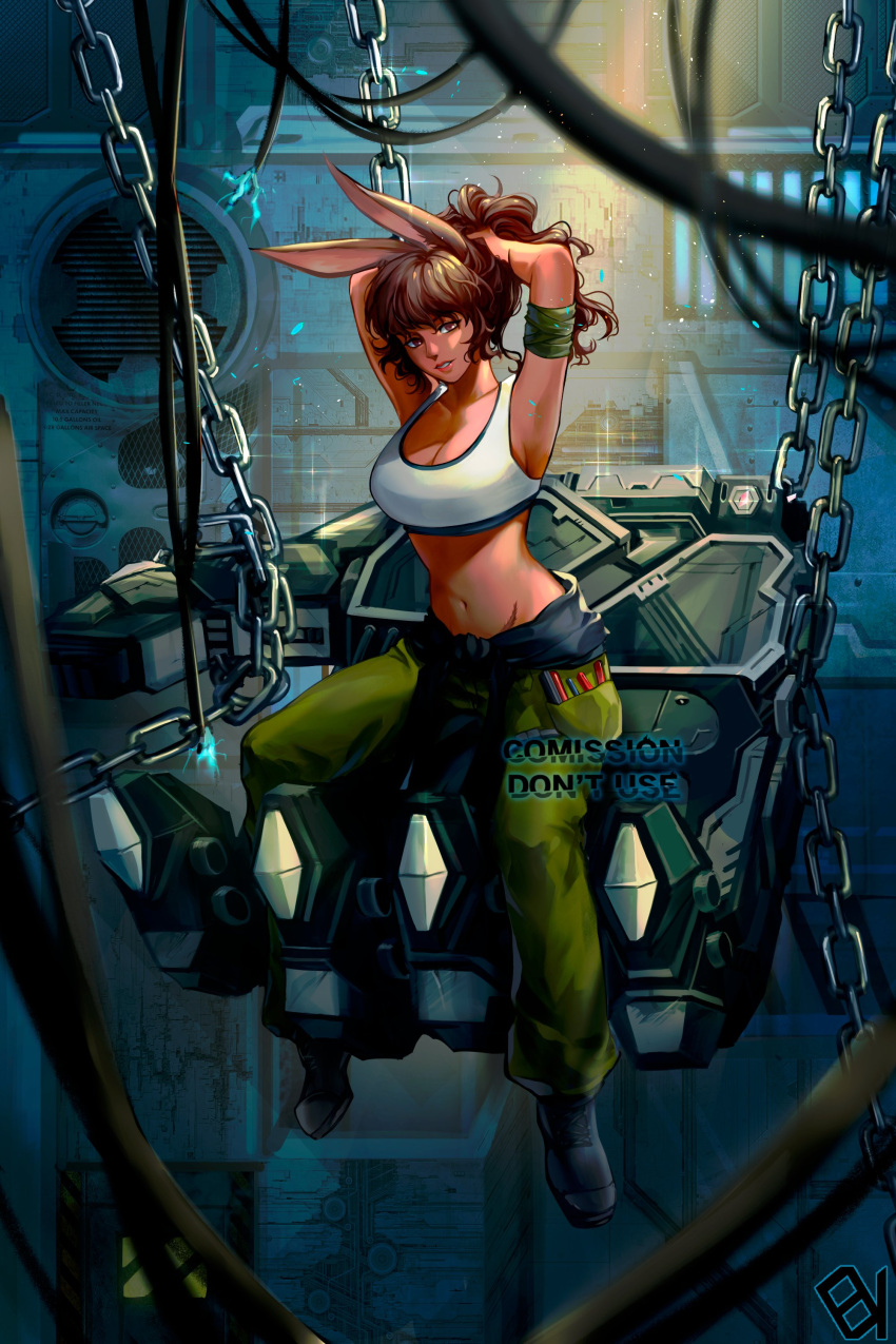 1girl absurdres animal_ears armband arms_up avatar_(ffxiv) belt_pouch boots breasts brown_eyes brown_hair chain cleavage clothes_around_waist collaboration_request commission dark-skinned_female dark_skin english_commentary evok_studios final_fantasy final_fantasy_xiv full_body green_pants highres long_hair mecha mechanic medium_breasts navel pants pouch rabbit_ears scar_on_stomach sitting solo sports_bra tools tying_hair viera white_sports_bra