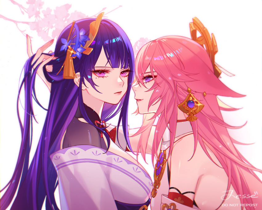 2girls animal_ears artist_name bangs bare_shoulders branch closed_mouth commentary detached_sleeves english_commentary fox_ears from_side genshin_impact hand_in_another's_hair highres japanese_clothes jesse_(pixiv34586727) kimono lips long_hair looking_at_another looking_at_viewer mole mole_under_eye multiple_girls parted_lips pink_eyes pink_hair pink_nails purple_eyes purple_hair purple_kimono raiden_shogun shirt simple_background sleeveless sleeveless_shirt upper_body vision_(genshin_impact) white_background white_shirt yae_(genshin_impact) yuri