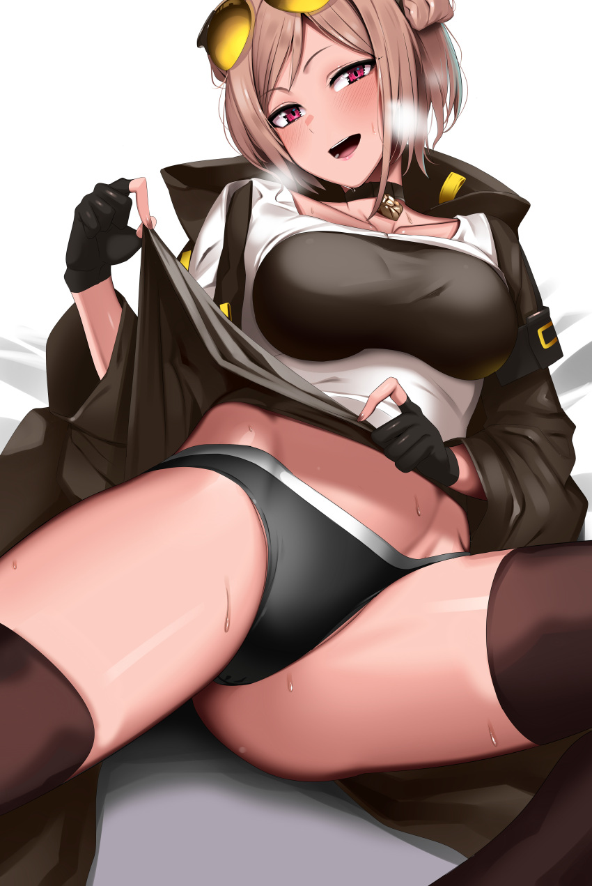 1girl absurdres breasts choker collarbone commission doko_tetora double_bun girls'_frontline heavy_breathing highres large_breasts lifted_by_self light_brown_hair p90_(girls'_frontline) pink_eyes skeb_commission solo sweat