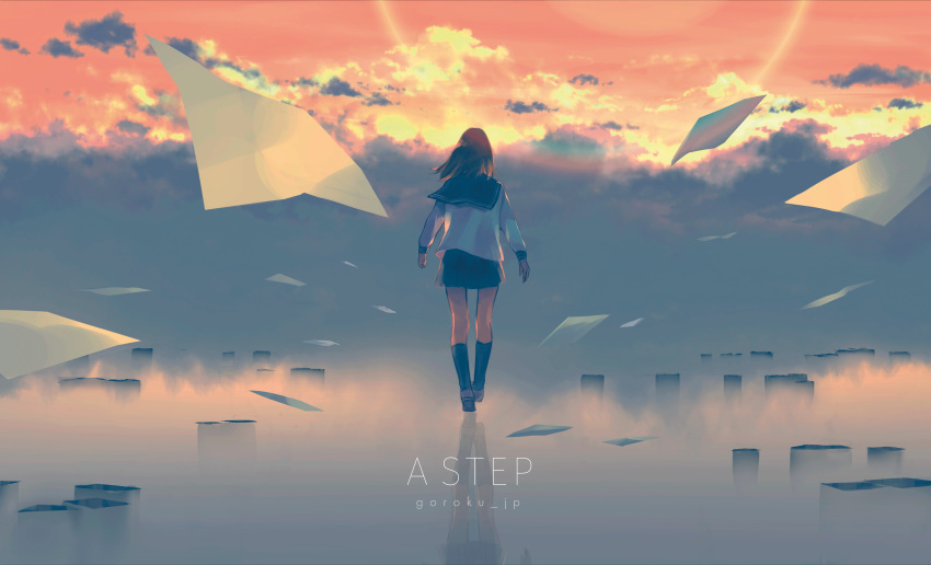 1girl absurdres black_hair cloud commentary fog goroku highres medium_hair original papers pleated_skirt scenery school_uniform serafuku skirt sky straight_hair walking