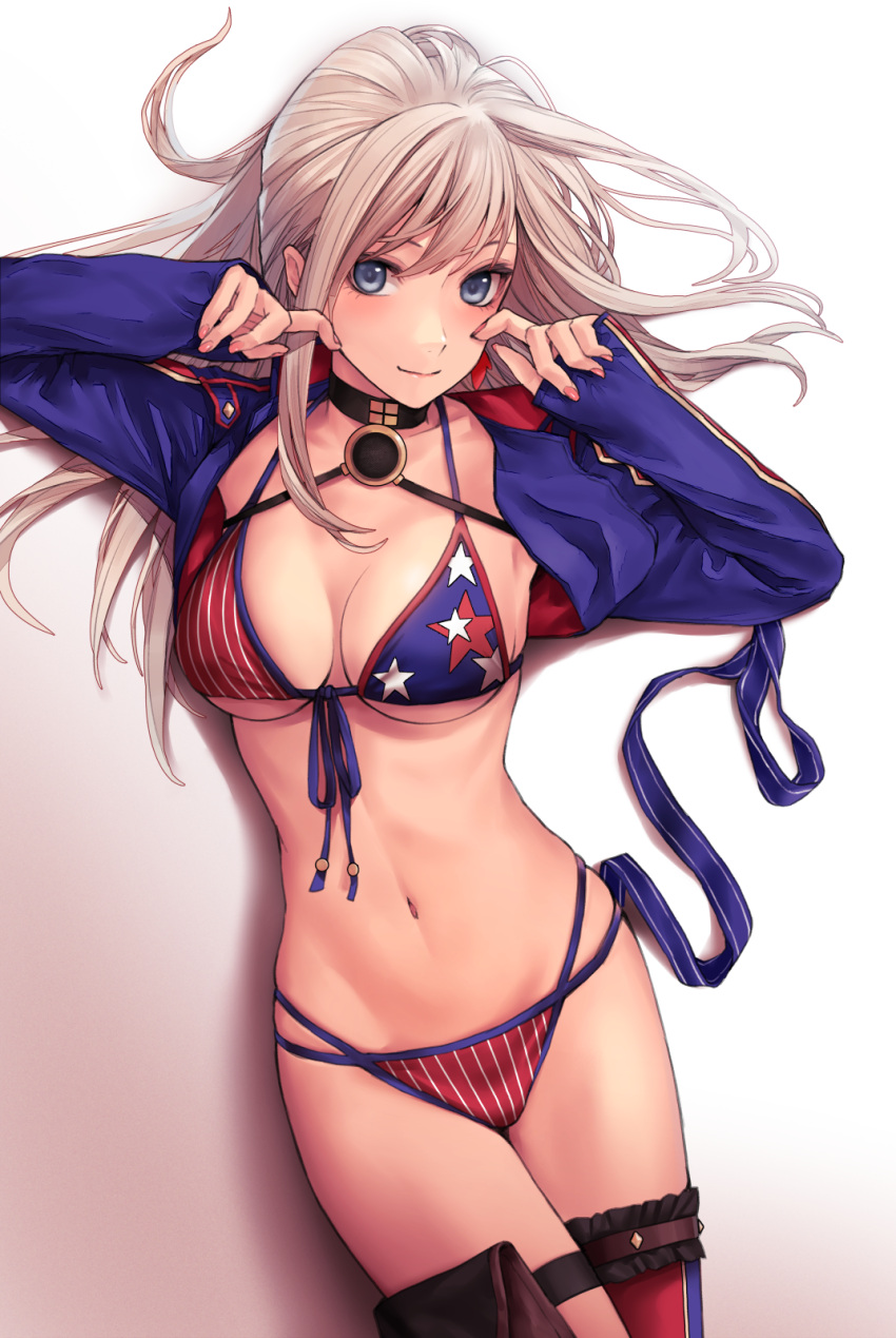 1girl american_flag american_flag_bikini american_flag_print applekun bikini blonde_hair blue_eyes breasts choker closed_mouth commentary fate/grand_order fate_(series) flag_print hands_up highres holster long_hair looking_at_viewer lying medium_breasts miyamoto_musashi_(fate) miyamoto_musashi_(swimsuit_berserker)_(fate) navel on_back pink_nails shrug_(clothing) single_thighhigh smile solo stomach straight_hair swimsuit thigh_holster thighhighs