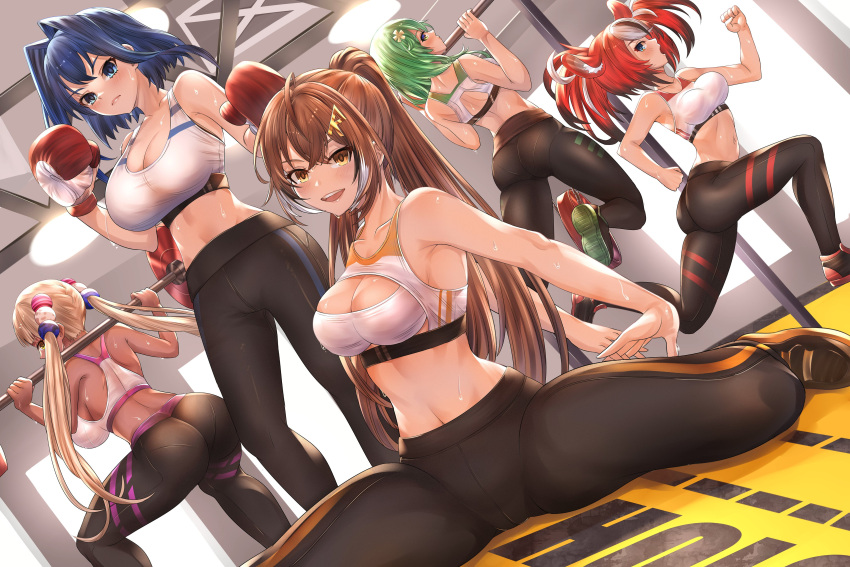 5girls :d absurdres animal_ears ass back_cutout bad_anatomy bangs black_footwear black_pants blonde_hair blue_eyes blue_hair boxing_gloves bra breasts brown_eyes brown_hair ceiling_light ceres_fauna cleavage cleavage_cutout clothing_cutout collarbone commentary dark-skinned_female dark_skin english_commentary flower gloves green_hair groin hair_between_eyes hair_flower hair_intakes hair_ornament hakos_baelz high_ponytail highres holocouncil hololive hololive_english honkivampy indoors large_breasts light_blush long_hair looking_at_viewer looking_back looking_down medium_breasts mouse_ears multicolored_hair multiple_girls nanashi_mumei navel open_mouth ouro_kronii pants pantylines parted_lips ponytail pullups shoes short_hair sitting sleeveless smile sneakers sports_bra spread_legs squatting streaked_hair stretch sweat sweatdrop toned tsukumo_sana twintails underwear virtual_youtuber wariza weightlifting white_bra yellow_eyes yellow_flower yoga_pants