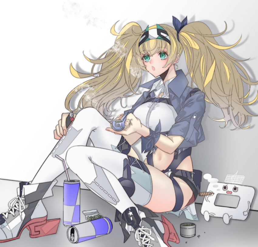 1girl :o anno88888 bangs blonde_hair blue_eyes blue_ribbon breasts can drinking_straw drugs eyebrows_visible_through_hair gambier_bay_(kancolle) hair_ribbon hairband half-skirt highres holding joint_(drug) kantai_collection lighter long_hair marijuana navel parted_lips pipe remodel_(kantai_collection) ribbon rudder_footwear shirt shoes short_sleeves simple_background sitting smoke smoking sneakers star_(symbol) thighhighs twintails