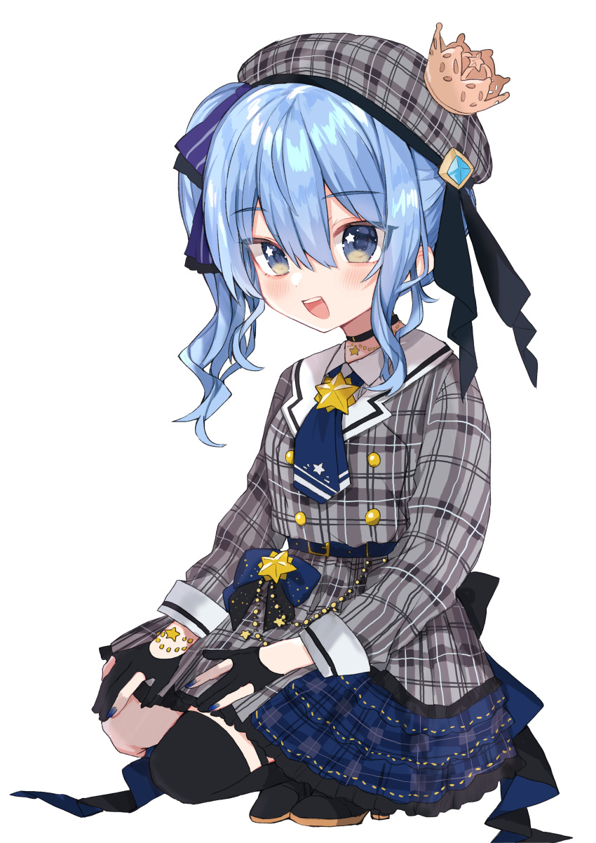 1girl :d absurdres belt black_choker black_legwear blue_belt blue_bow blue_eyes blue_hair blue_nails blue_neckerchief blush bow choker crown dress fingernails gloves hair_bow hat highres hololive hoshimachi_suisei long_sleeves looking_at_viewer mini_crown nail_polish neckerchief noi_mine partially_fingerless_gloves plaid plaid_dress plaid_headwear side_ponytail simple_background single_thighhigh smile solo squatting star_(symbol) star_in_eye symbol_in_eye thighhighs virtual_youtuber white_background