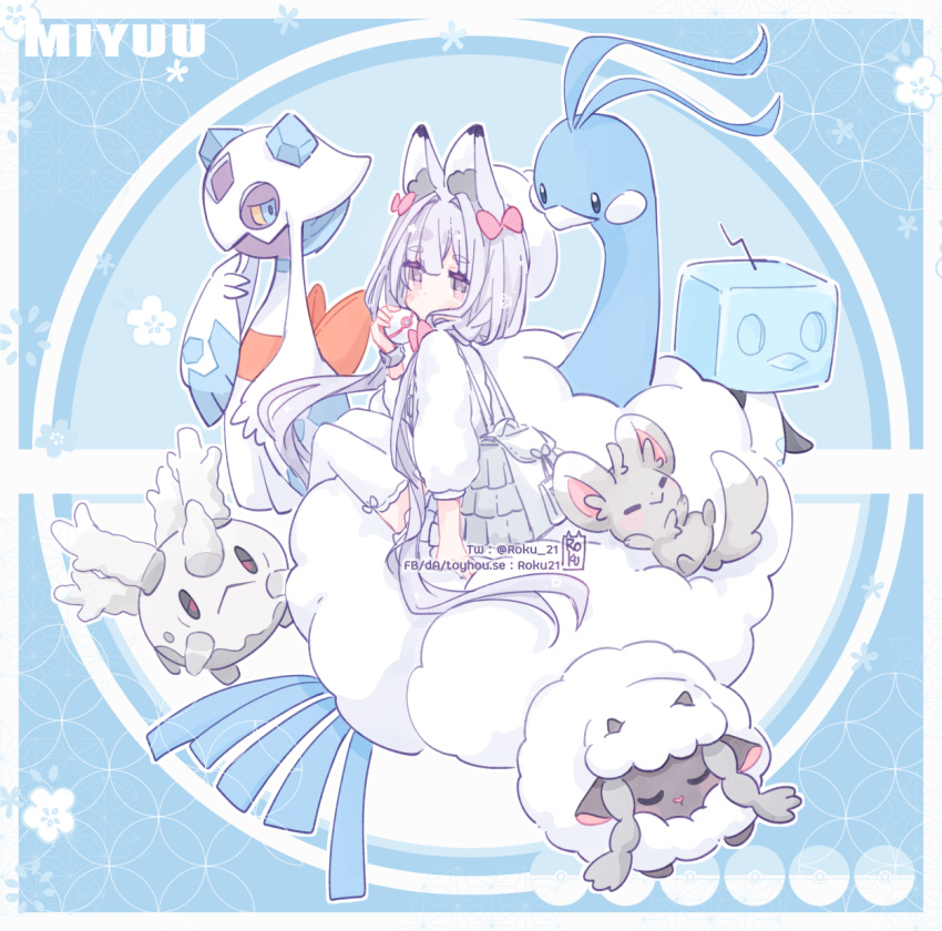 1girl altaria animal_ear_fluff animal_ears asa_no_ha_(pattern) backpack bag bangs beret bird blue_background blush bow cloud coral corsola deviantart_username eiscue english_commentary facebook_username flower fox_ears froslass galarian_corsola ghost grey_hair hair_bow hat highres holding holding_poke_ball ice ice_cube long_hair long_sleeves looking_at_viewer low_twintails minccino miyuu_(roku21) original penguin pink_bow pink_eyes poke_ball poke_ball_print pokemon pokemon_(creature) premier_ball puffy_long_sleeves puffy_sleeves roku21 sheep shirt sitting sitting_on_cloud skirt toyhouse_username twintails twitter_username very_long_hair white_bag white_headwear white_legwear white_shirt white_skirt wooloo