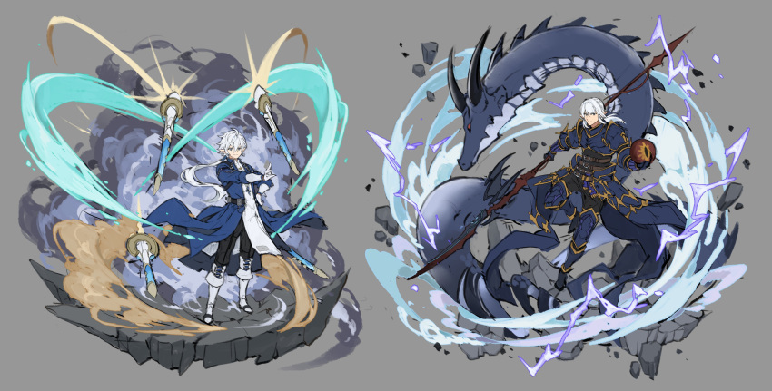 2boys absurdres alphinaud_leveilleur aura boots dragon dragoon_(final_fantasy) estinien_wyrmblood final_fantasy final_fantasy_xiv highres multiple_boys papajay_(jennygin2) pointy_ears polearm ponytail sage_(final_fantasy) silver_hair smile spear standing weapon white_footwear